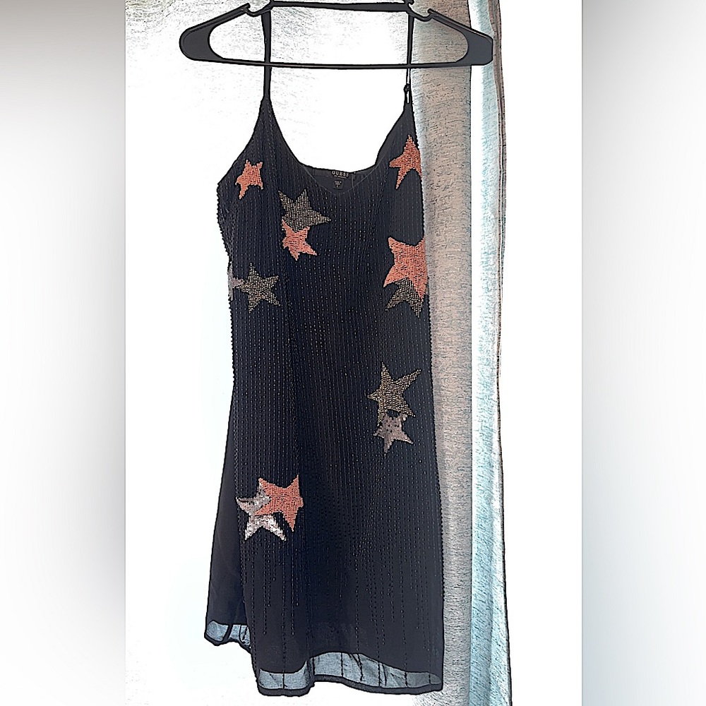 Guess Black Mini Dress with Metallic Star Appliqués